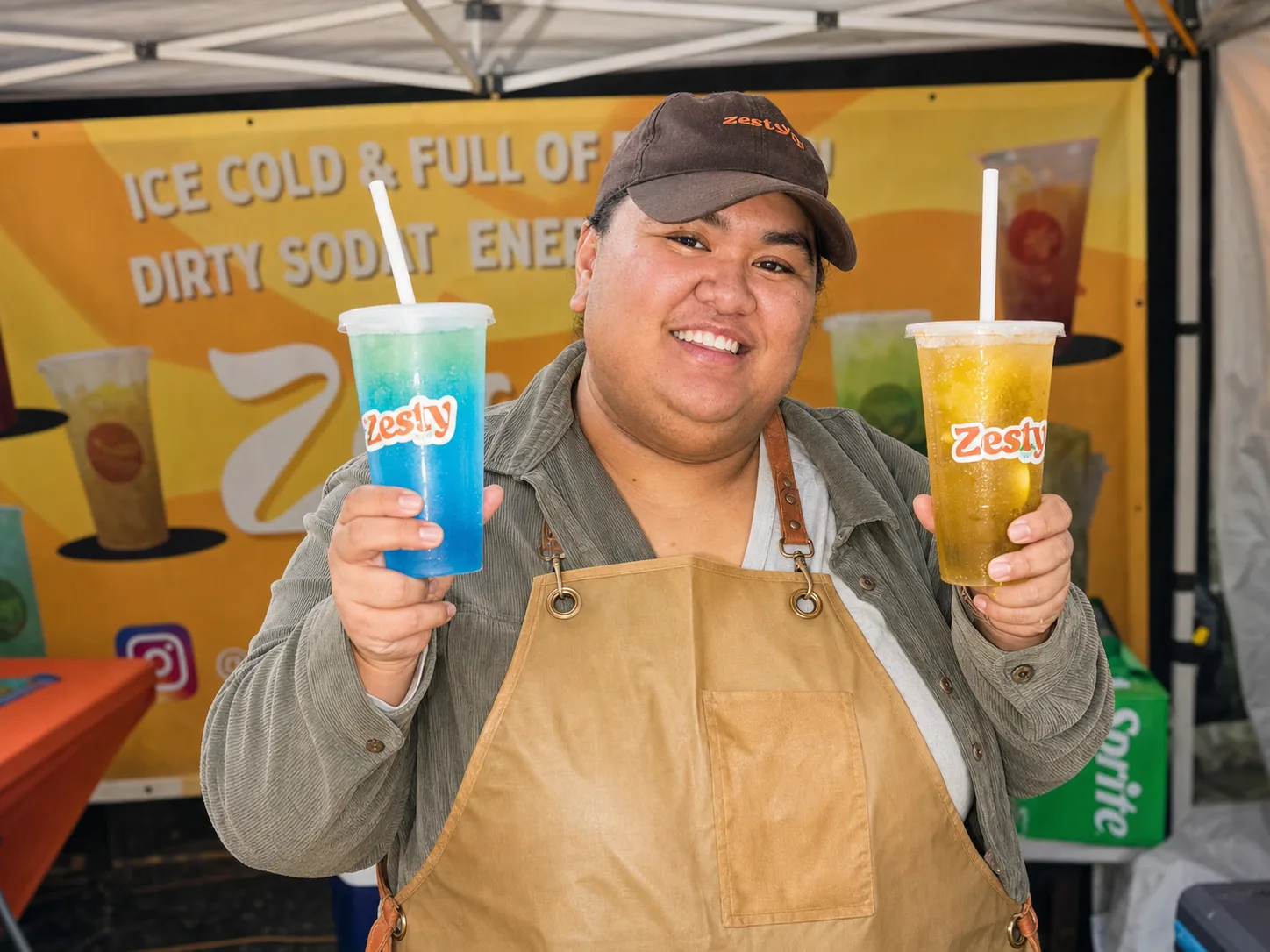 Claudia, founder of Zesty Cup, holding Zesty Bestie and Blue Me Away behind the Woodridge market stall